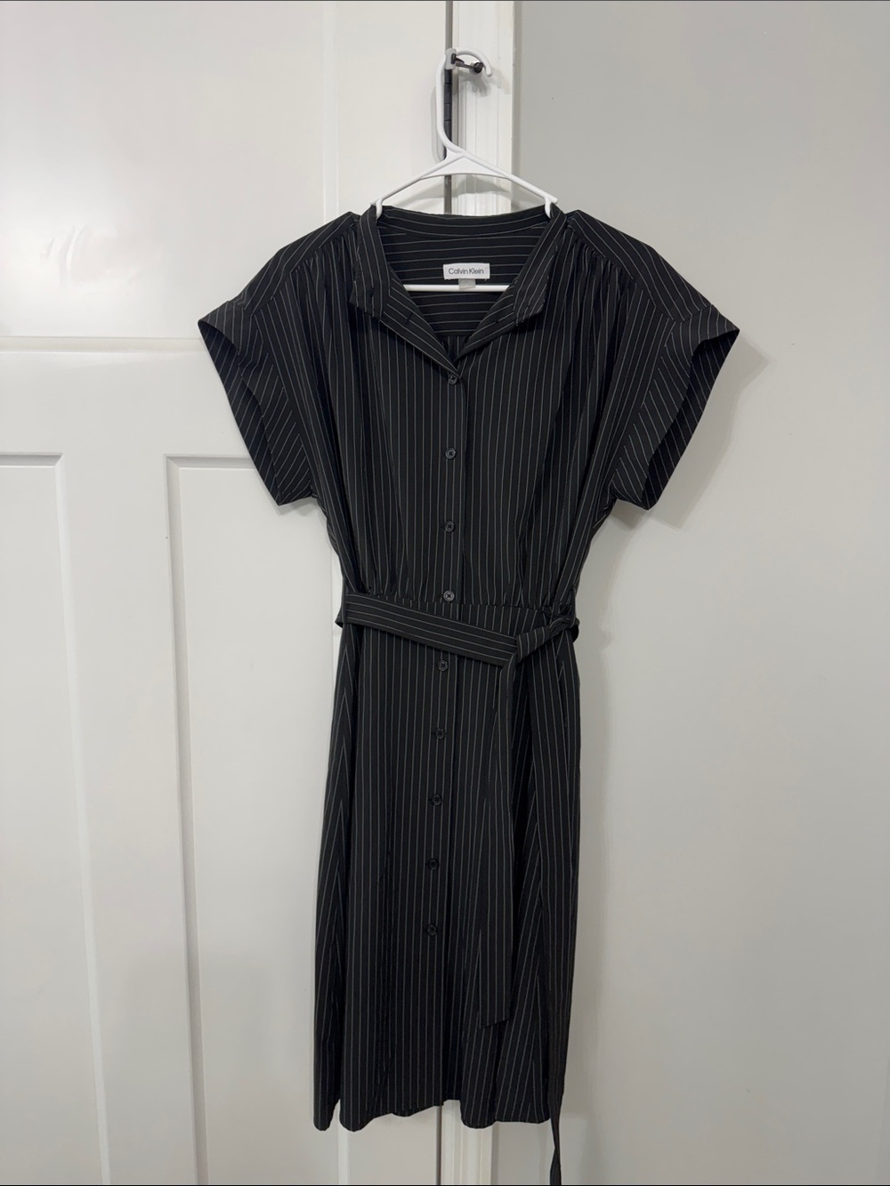 Calvin Klein Black Pinstripe Button-Front Midi Dress